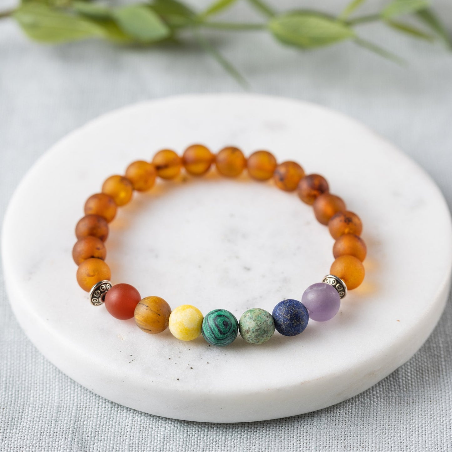 Raw Chakra Gemstones + Raw Cognac Amber Bracelet - Adult