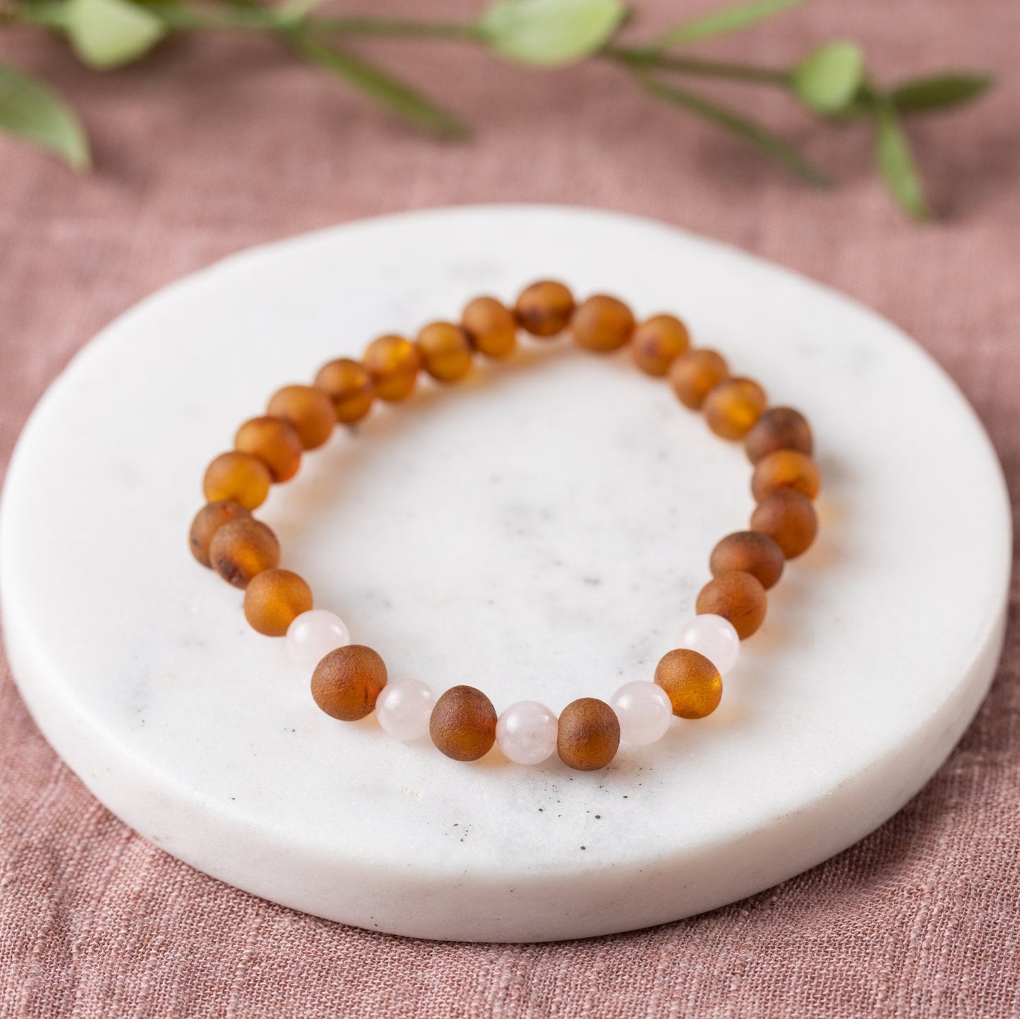 Rose Quartz + Raw Cognac Amber Bracelet - Adult