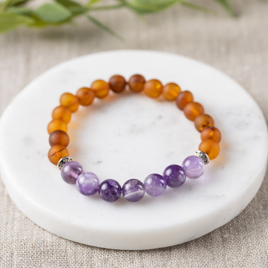 Amethyst + Raw Cognac Amber Bracelet - Adult