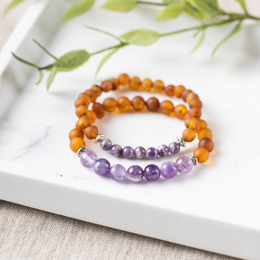 Amethyst + Raw Cognac Amber Bracelet - Adult