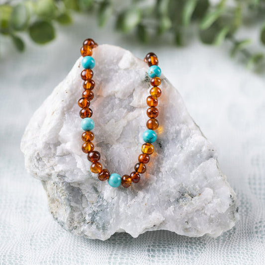 Turquoise + Cognac Amber Necklace - Adult