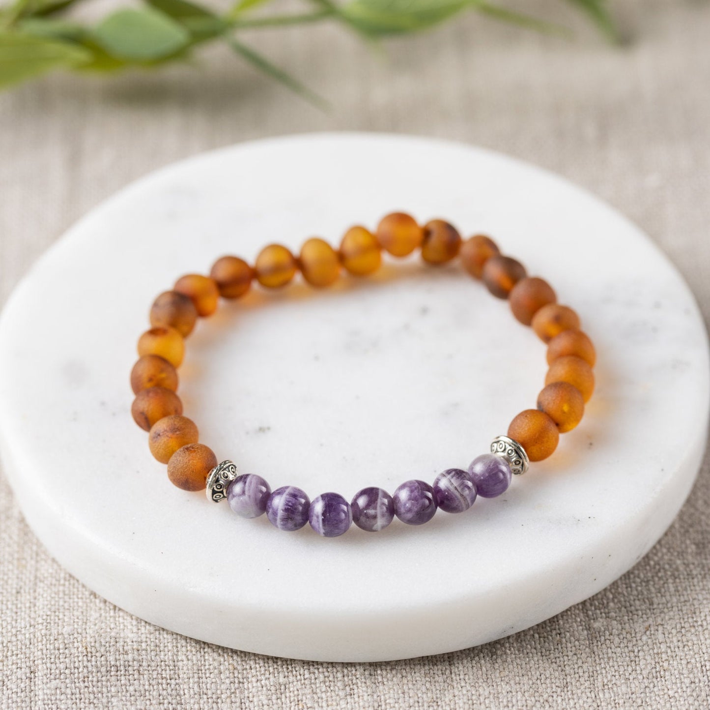 Amethyst + Raw Cognac Amber Bracelet - Adult