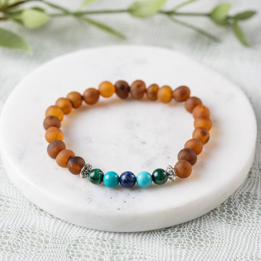 Malachite Mix + Raw Cognac Amber Bracelet - Adult