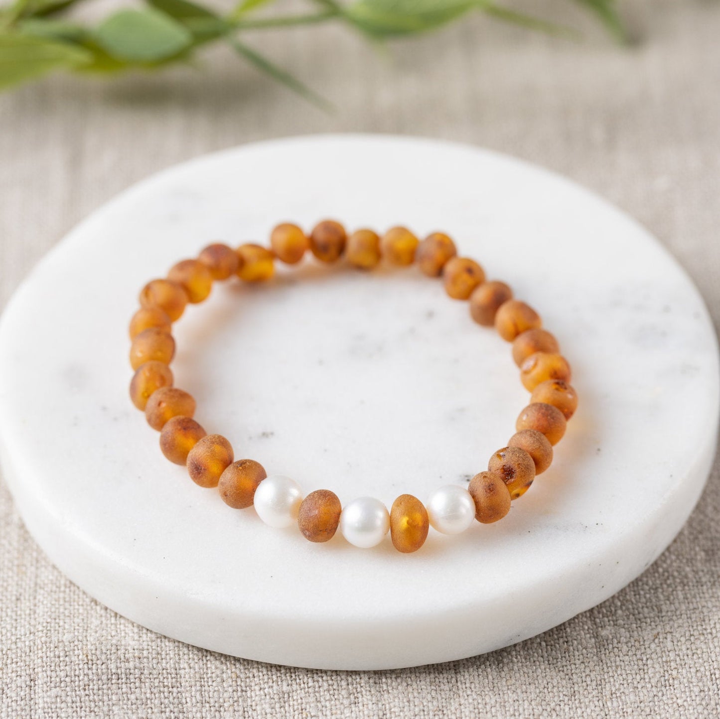 Freshwater Pearl Accent + Raw Cognac Amber Bracelet - Adult