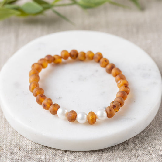 Freshwater Pearl Accent + Raw Cognac Amber Bracelet - Adult