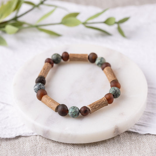 Raw African Turquoise + Cherry Amber Hazelwood Bracelet - Adult