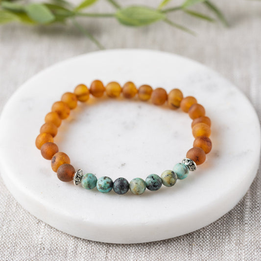 Raw African Turquoise + Raw Cognac Amber Bracelet - Adult