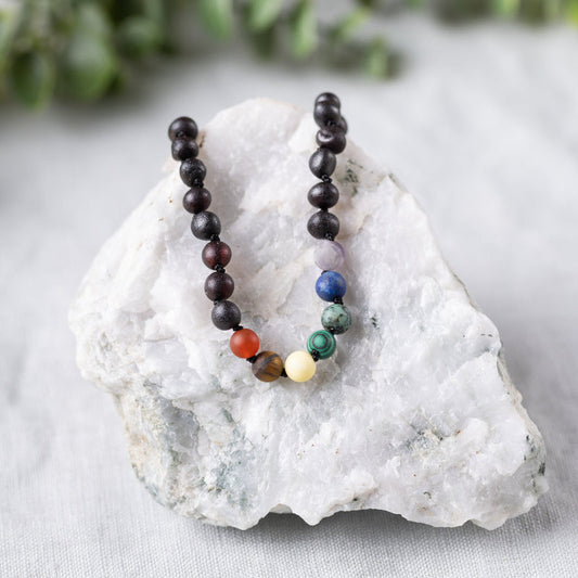 Raw Chakra Gemstones + Raw Cherry Amber Necklace - Child