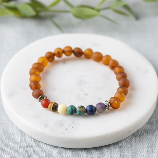 Raw Chakra Gemstones + Raw Cognac Amber Bracelet - Adult