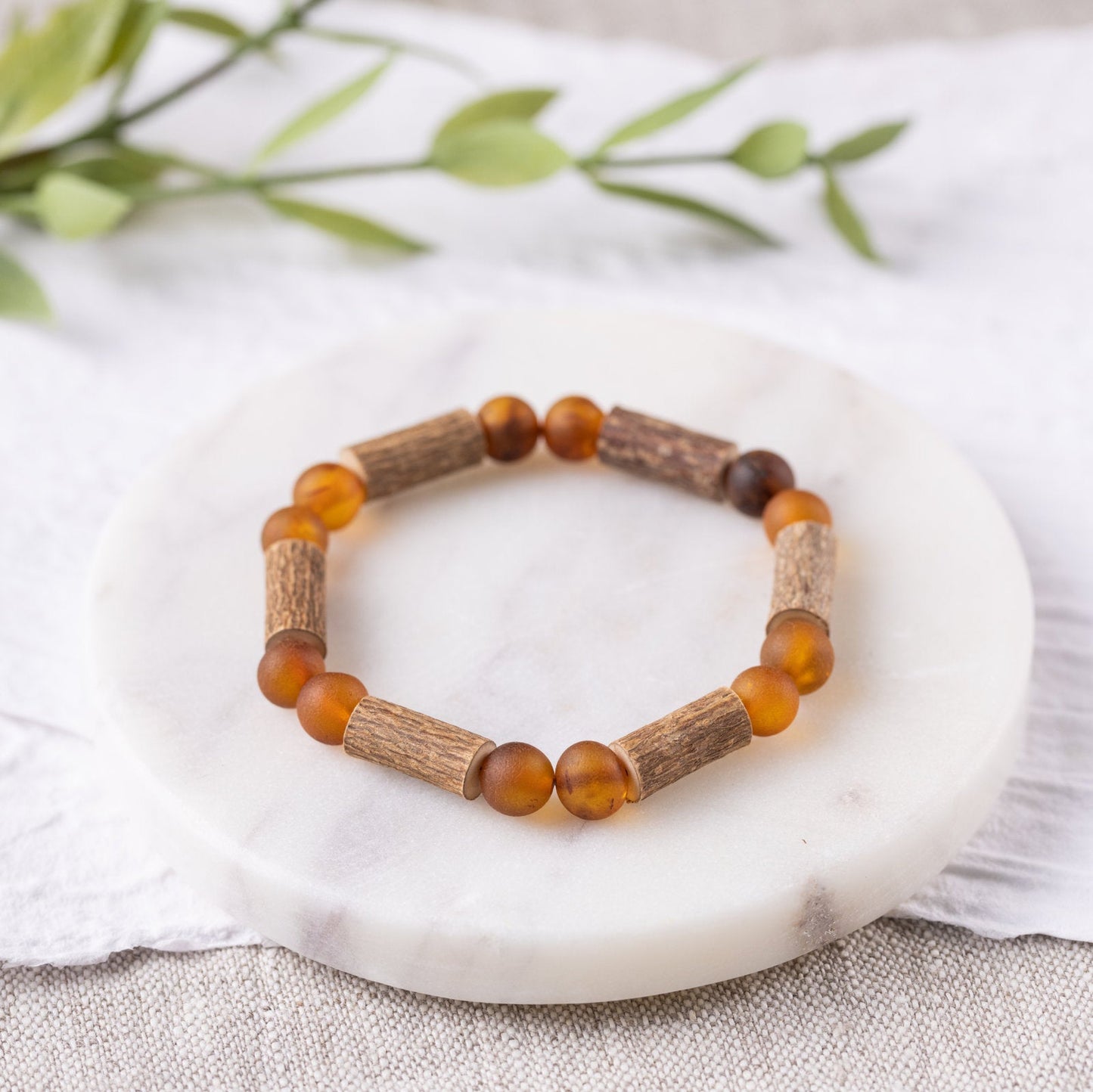 Raw Cognac Amber + Hazelwood Bracelet - Adult