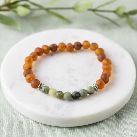 Raw Green Jade + Raw Cognac Amber Bracelet - Adult