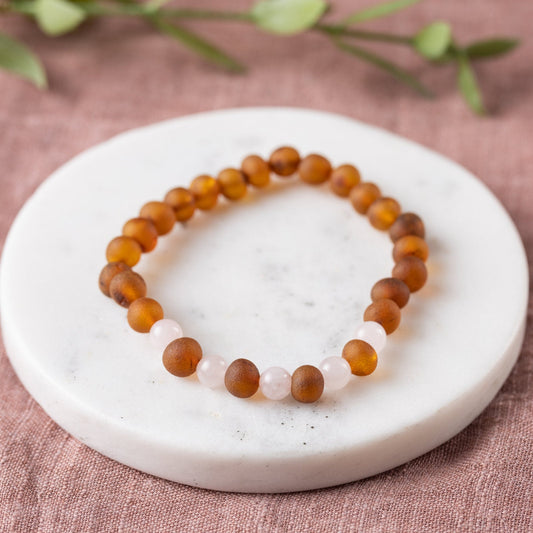 Rose Quartz + Raw Cognac Amber Bracelet - Adult