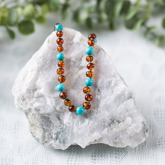 Turquoise Gemstones + Cognac Amber Necklace - Child