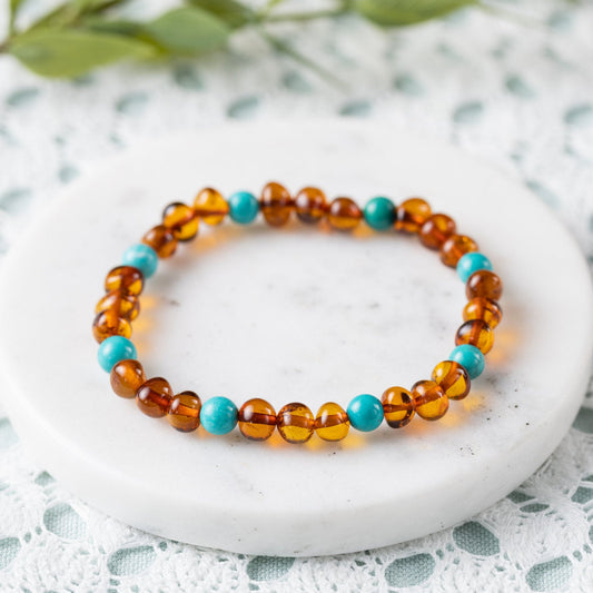 Turquoise + Cognac Amber Bracelet - Adult
