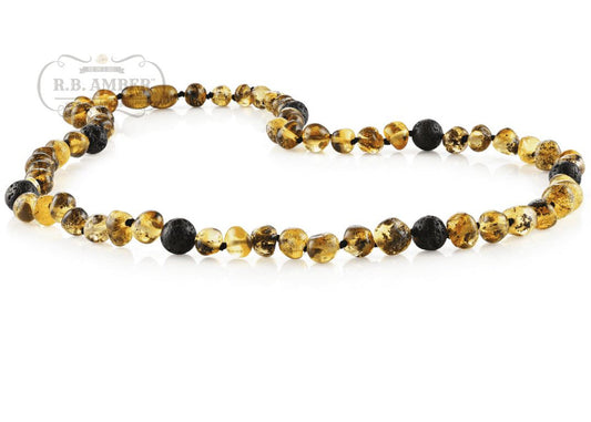 Light Green Baltic Amber + Lava Aromatherapy Necklace - Adult